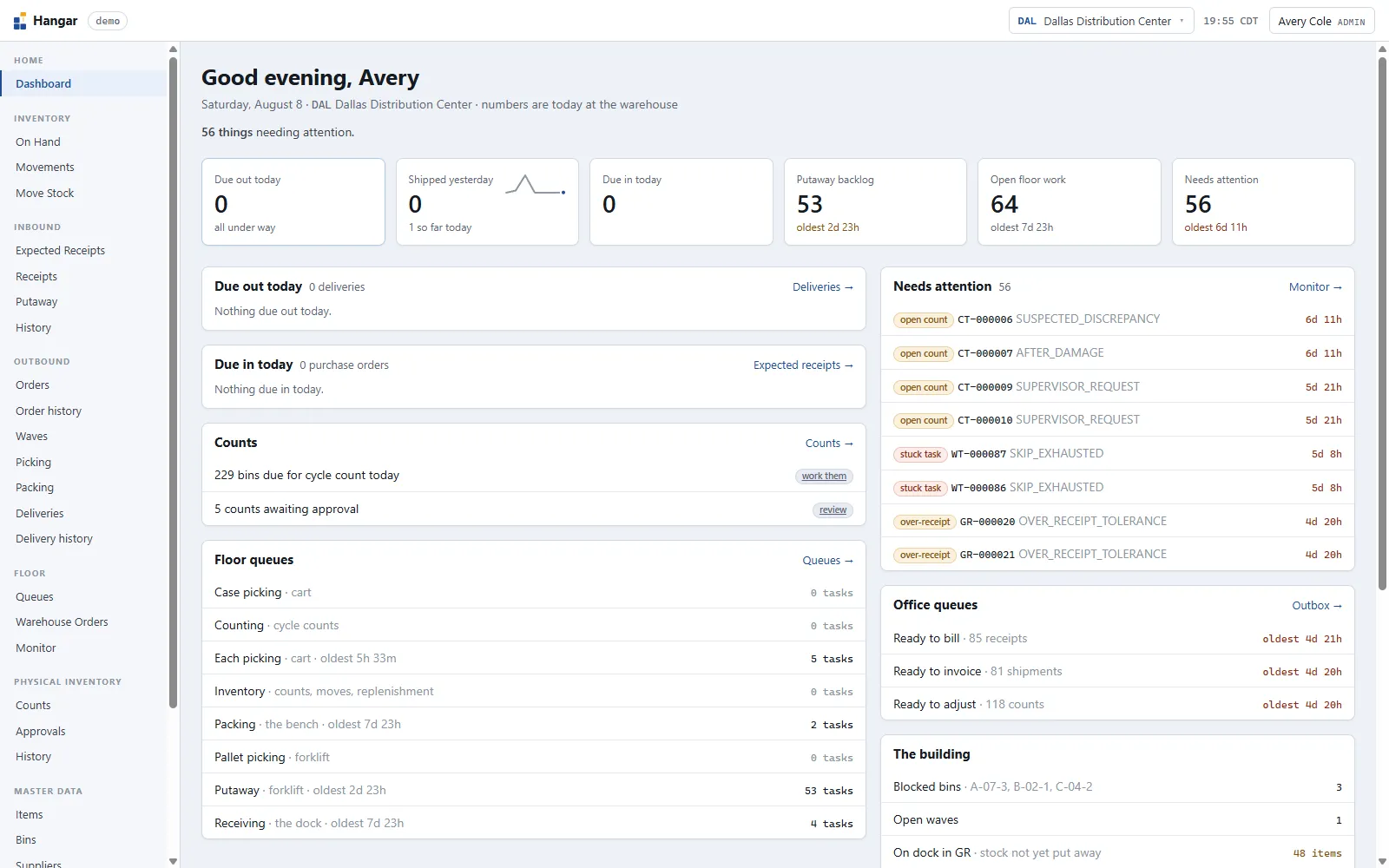 Hangar console dashboard for the Dallas Distribution Center: tiles for putaway backlog, open floor work and items needing attention, alongside the floor and office queues.
