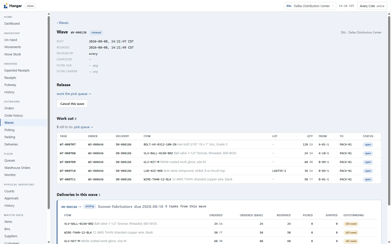 Console with wave WV-000120 released: five open pick tasks and a delivery panel.