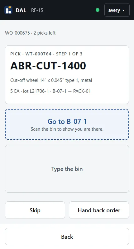 Rugged scanner showing a pick task: five cut-off wheels from bin B-07-1 to PACK-01, with a Go to B-07-1 button.