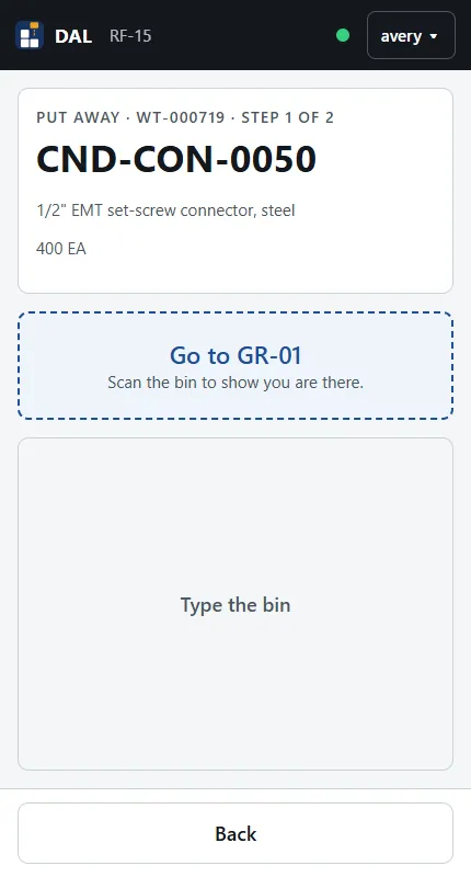 Rugged scanner putaway task for EMT connectors, directing the operator to bin GR-01, with a Go to GR-01 button.